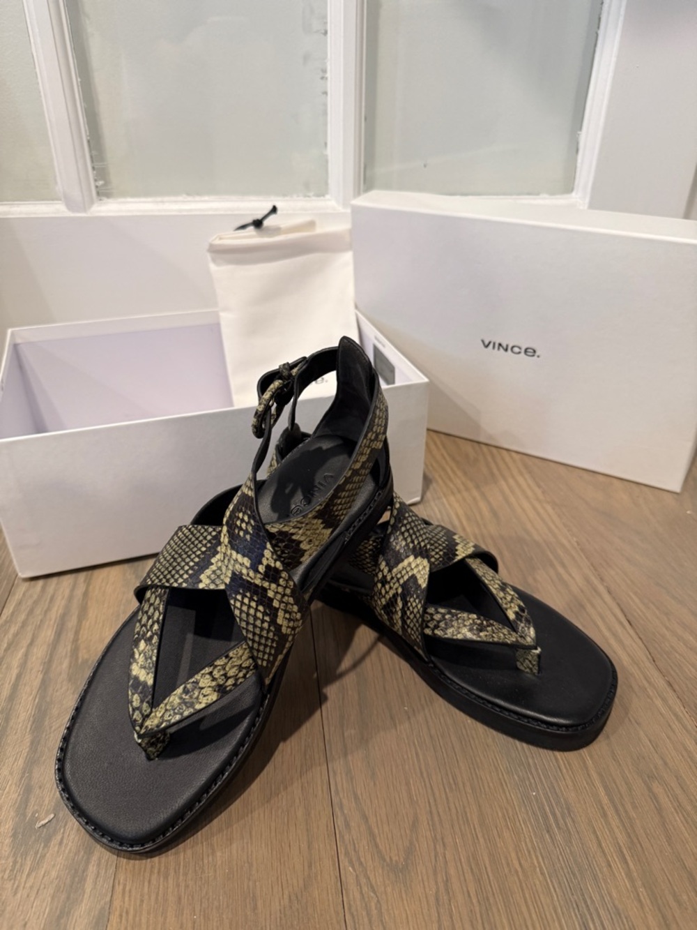 Vince Black and Snake-Print Leather Sandals